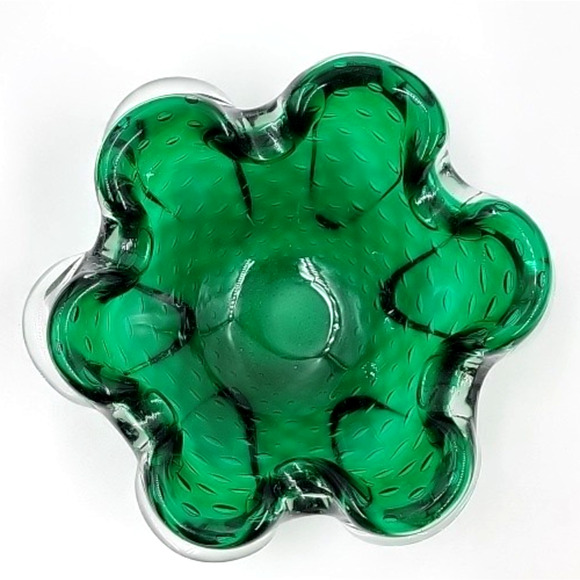 Murano Green Bullicante Controlled Bubble Art Glass Bowl Ruffled Edge 8" Italy - Picture 7 of 9